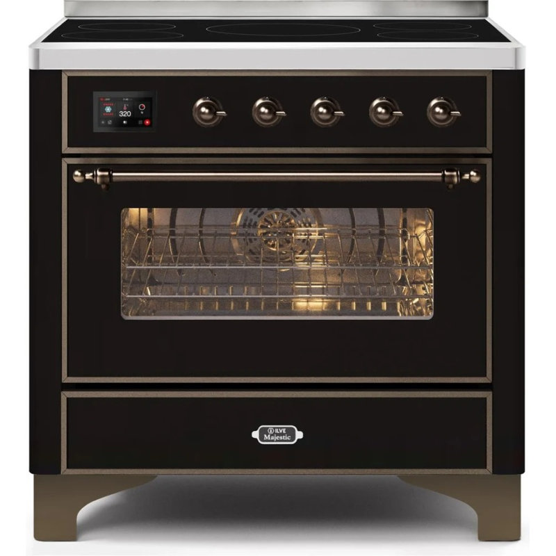 Cuisinière à induction 36 pouces avec 5 éléments à induction ILVE Majestic II Series (porte en verre), Noir brillant / bronze