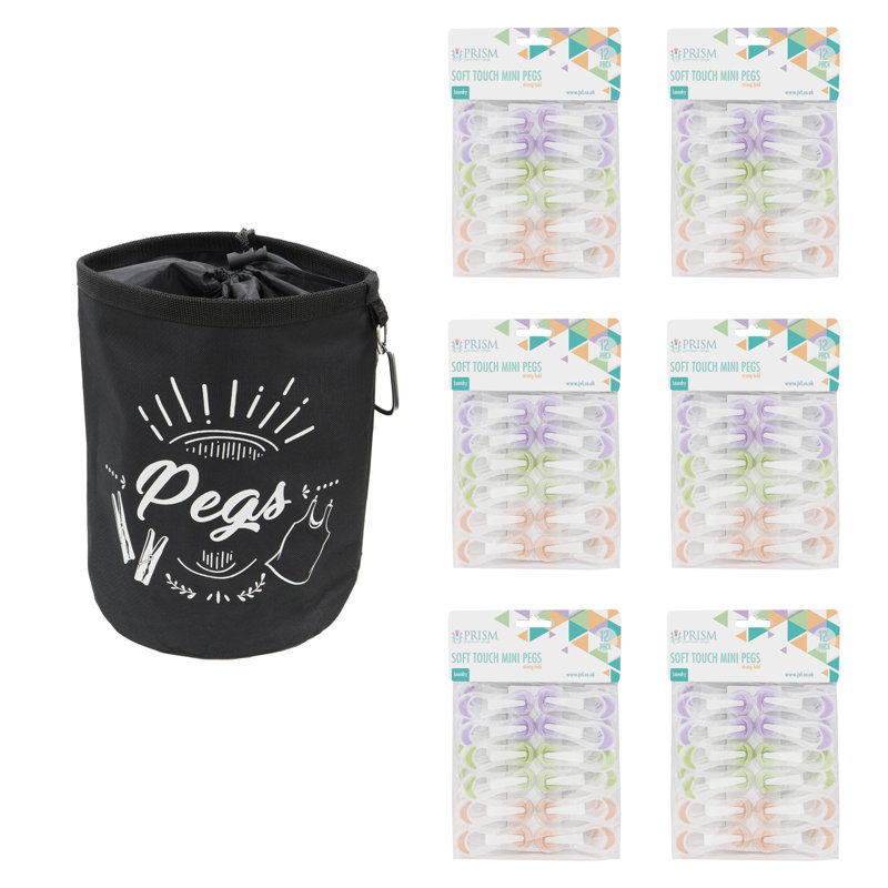 JVL Prism 12 Pack Soft Touch Mini Clothes Pegs, 72 Pegs with Bag