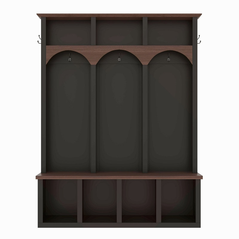 Farmhouse Wooden Style Hall Tree With Arched Design, Practical Entryway Walnut Storage Bench With 5 Black Hooks, Minimalist 4-In-1 Hallway Shoe Cabinet With 7 Cubbies For Mudroom, Living Room