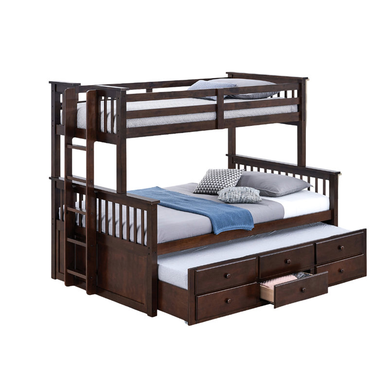 Lit superposé simple au-dessus d'un lit double transitionnel avec tiroirs de rangement sous le lit, couleur noyer foncé, base en bois d'ingénierie massif, structure pour lit gigogne de couleur 3, arrangement