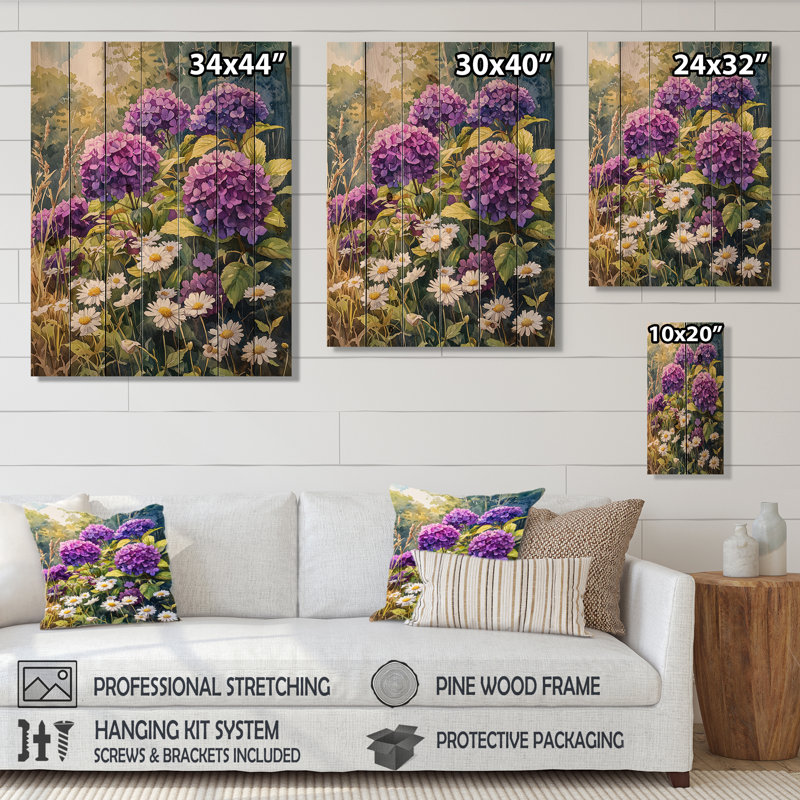Hortensias dans un jardin de campagne - impression d'hortensias sur bois de pin naturel, H 40 po x l 30 po x P 0,78 po