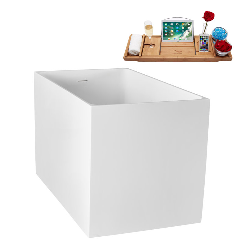 47" Streamline Soaking Acrylic Freestanding Bathtub, Bamboo Tray, Drain, Polished Chrome