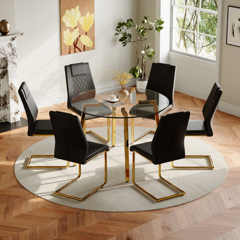 Glass Top Dining Set, Black/Gold, 7, Gold