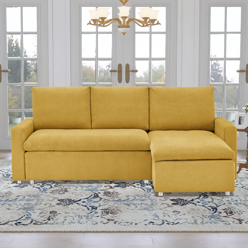 90"W Convertible Sleeper Sofa with Reversible Chaise, Beige Corduroy