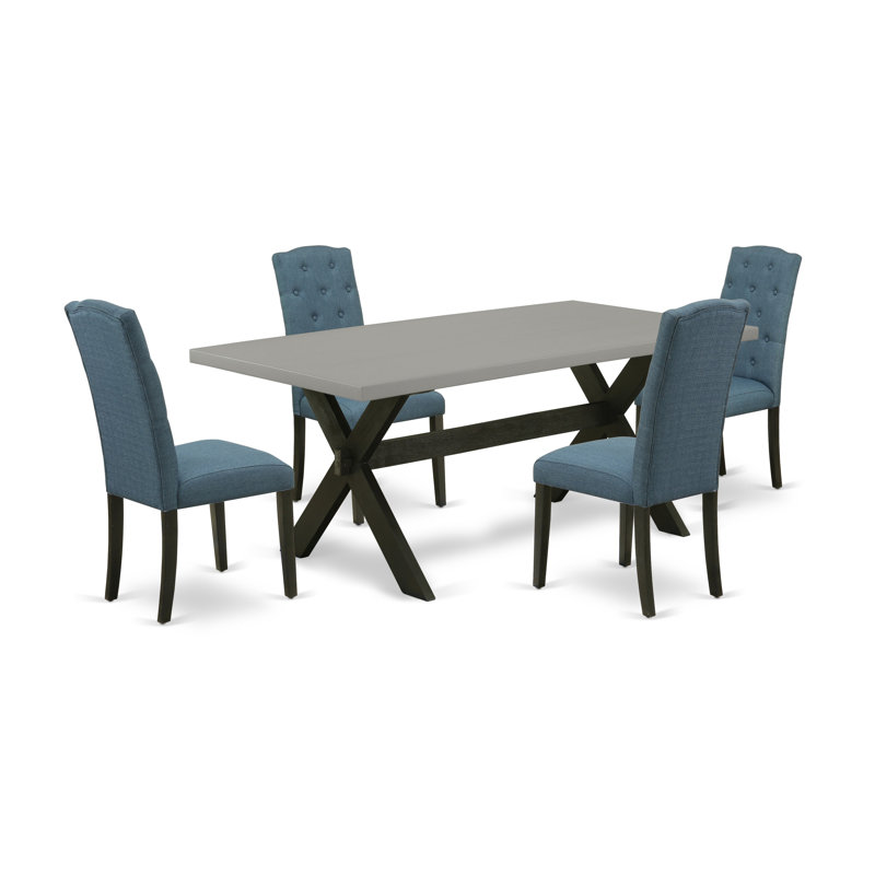 5 Piece Dining Table Set Includes a Rectangle Dining Room Table with X-Legs and 4 Mineral Blue Linen Fabric Parsons Chairs, Wire brushed Black
