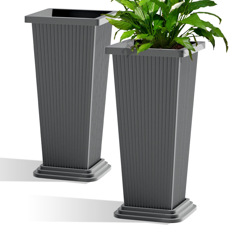 24'' H Rectangular Tall Planter with Tray (Set of 2) for Indoor/Outdoor Use, Gray