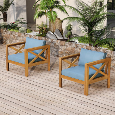 Fauteuil club d'extérieur en bois avec coussins bleus, conversation, chaise ergonomique confortable et confortable de 4 pièces, idéale pour les patios et les jardins, finition, assemblage facile