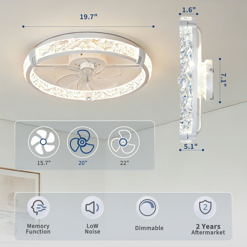 Ventilateur de plafond encastré moderne 20 "avec lumière et télécommande, ventilateur de plafond à DEL ultra-mince à intensité variable avec 6 vitesses et température de couleur réglable