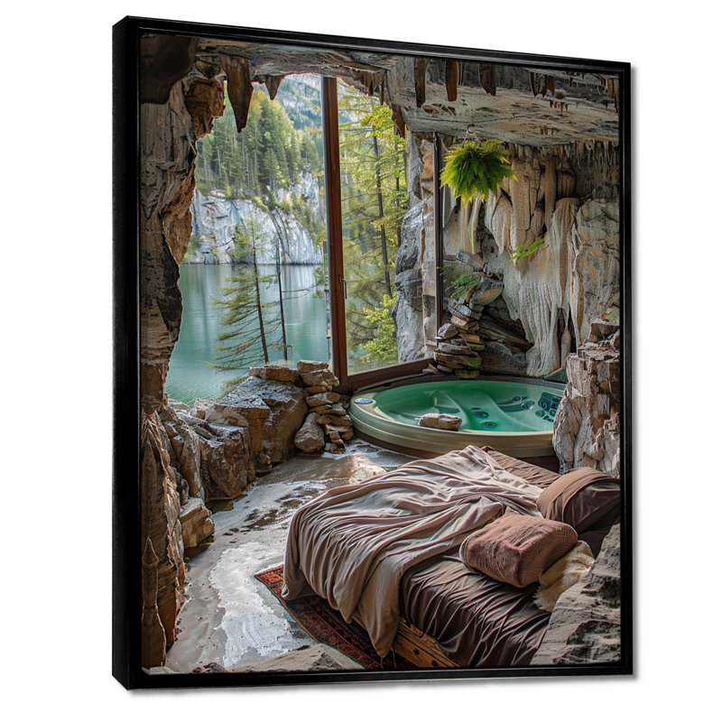 «Beach Cabin In Cave In Tropical Paradise», reproduction d'art mural plage et océan, Toile avec cadre flottant noir