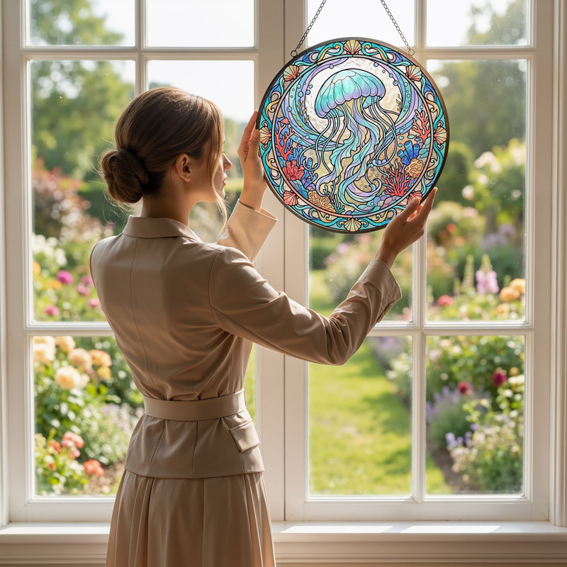 Panneau de vitrail en verre coloré corail méduse H H 12 po, 12"H