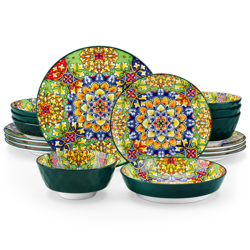 Service de table en porcelaine 16 pièces, service pour 4 (ensemble de 16), 16, Vert