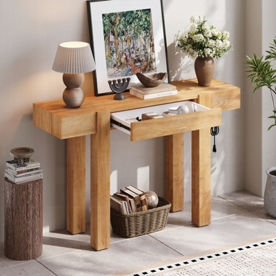 Console rustique minimaliste avec tiroir caché, prise de courant latérale, parfaite pour les entrées et les bureaux à domicile