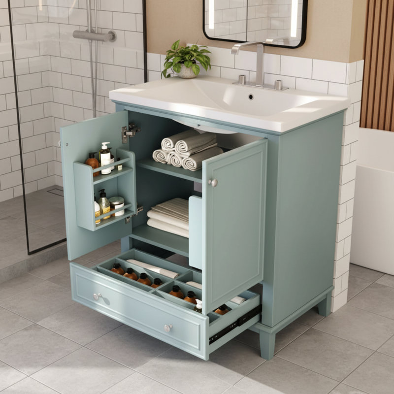 Meuble-lavabo de salle de bain en bois massif + panneau de fibres à densité moyenne avec lavabo, portes et tiroirs Rangement multifonctionnel.