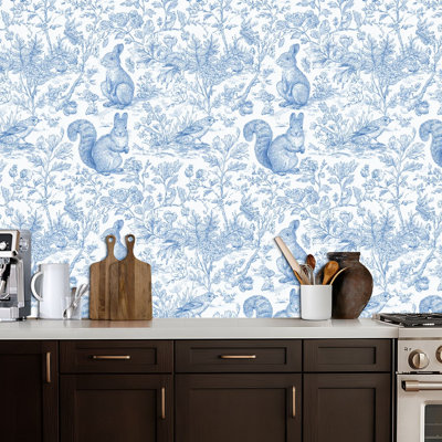 Peel and Stick Wallpaper Woodland Animals Blue Toile Rabbits Squirrels Birds Ferns Botanical Contact Paper Removable Self Adhesive Wall Mural Wall Decor for Bedroom Kitchen Cabinets 17.7in x 118in