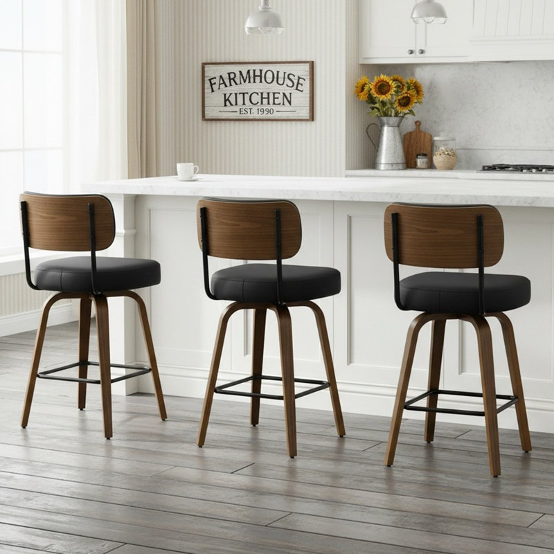 30" Swivel Upholstered Bar Stool with Walnut-Finish Bentwood Frame, Black, 3