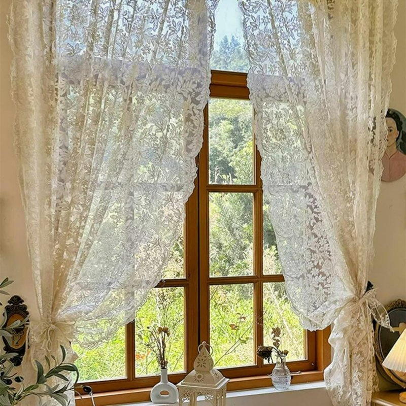 Vintage Floral Embroidered Lace Sheer Curtains, Rod Pocket Scalloped Edge Ivory Drapes For French Country Cottage, Farmhouse, Bedroom & Kitchen, Set Of 2