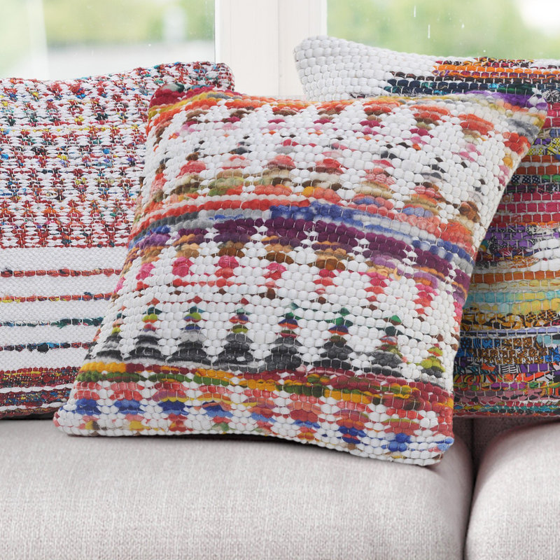 White and Multicolored Chevron Cotton Chindi Throw Pillow 20" x 20"