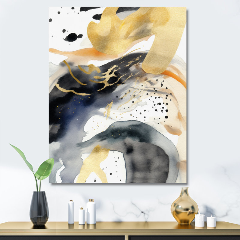 Abstrait pastel avec taches bleues noires et dorées I, H 40 po x l 30 po x P 1,5 po, Toile tendue
