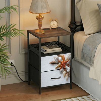 Table de chevet 2 tiroirs avec station de charge, table de chevet pour chambre avec ports USB et amp; Table de chevet noire Outlets