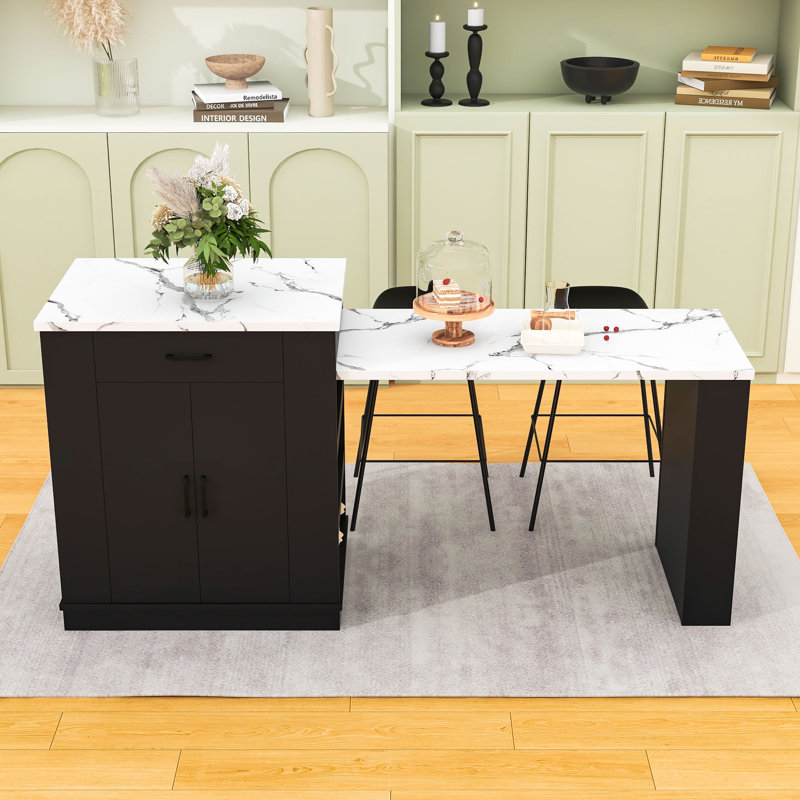 Extendable Kitchen Island with Storage Drawers, Double-Door Cabinet, Open Shelving and Breakfast Bar, White/Black