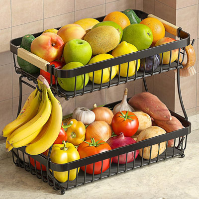 2-tier Large Fruit Basket With Dual Banana Hangers – Detachable Metal Fruit Bowl With Wooden Handle & Protective Mats
