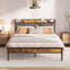 Modern Metal Platform Bed with Linen-Upholstered Storage Headboard & Open Bookcase Shelves – High Leg Design-942883538-996855694