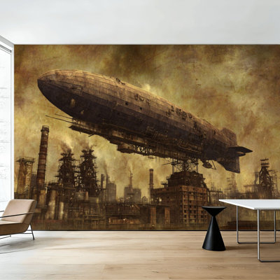 Peel and Stick Wallpaper Steampunk Airship Burning Industrial Skyline Retro Futuristic Airships Wall Murals 100"H x 144"W Removable PVC Wall Paper Self-Adhesive Wall Decor for Bedroom Living Room Home Office