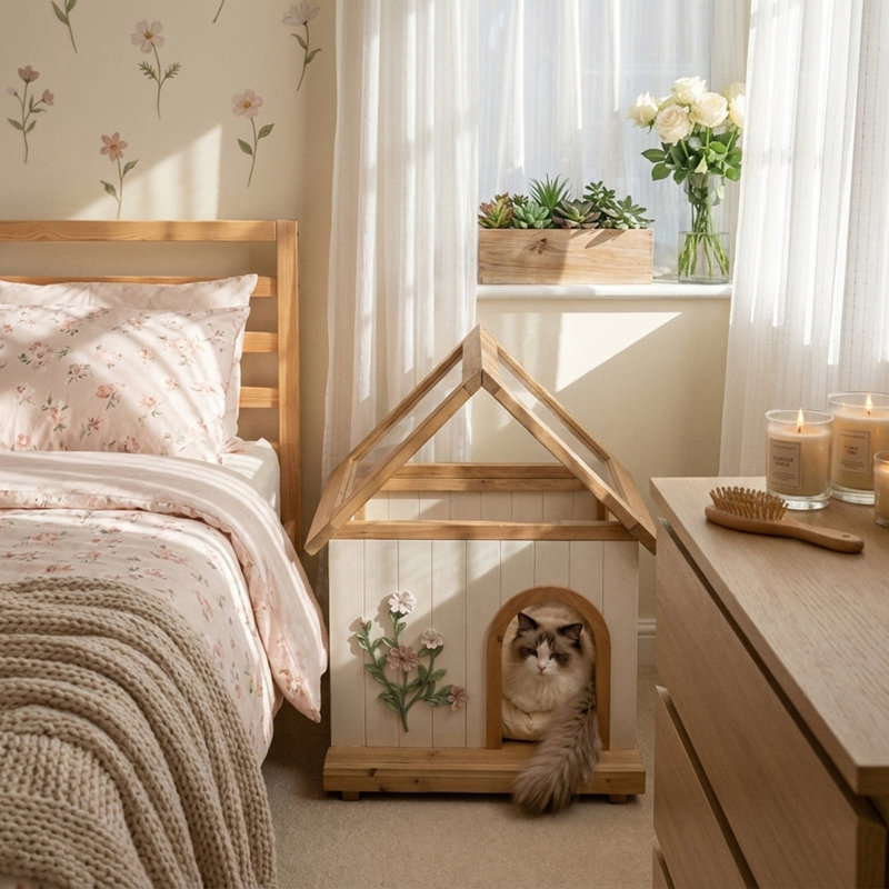 Abri d'intérieur en cèdre avec coussin moelleux pour animaux de compagnie
