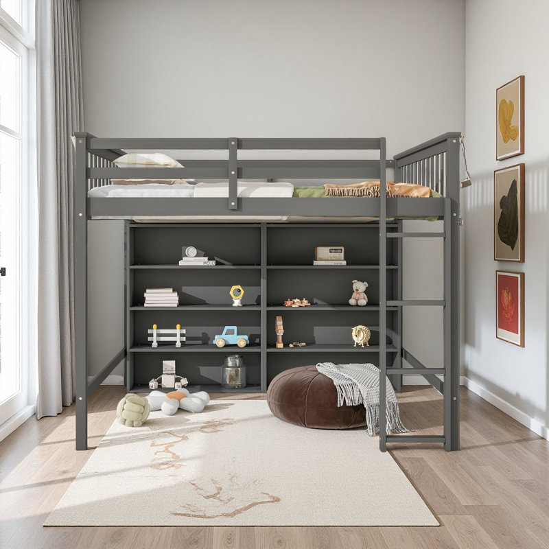 Lit mezzanine avec 8 tablettes de rangement ouvertes, Gris antique, Lit double