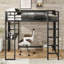 Small Teen Bedroom Loft Bed Frame, Full Size, Compact Integrated Workspace, Deep Black Iron Construction