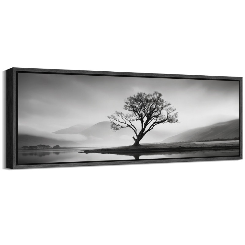 Nature, paysage, monochrome, sérénité, solitaire, arbre, reflet, lac, paysage, H 20 po x l 60 po, Noir, noir, noir, noir