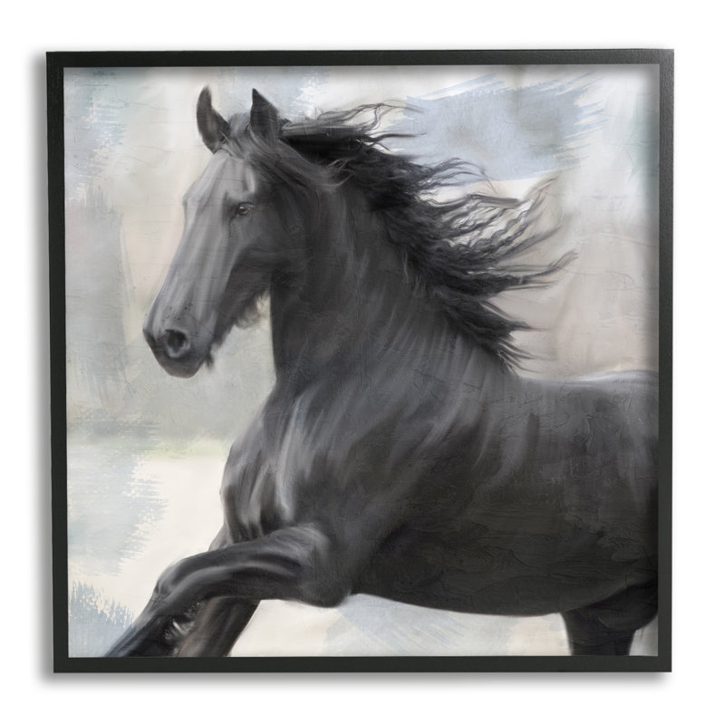 Az-026 - Cheval étalon noir encadré sur bois, Giclée encadrée noir minuit, H 12 po x l 12 po x P 1,5 po