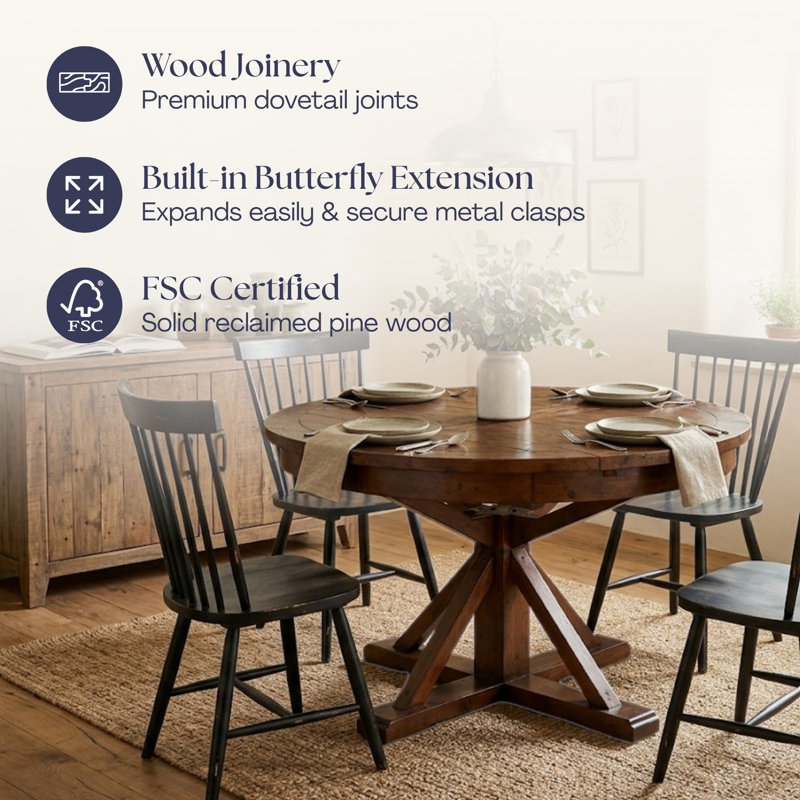 Centerville Extendable Pine Round Solid Wood Dining Table, Brown