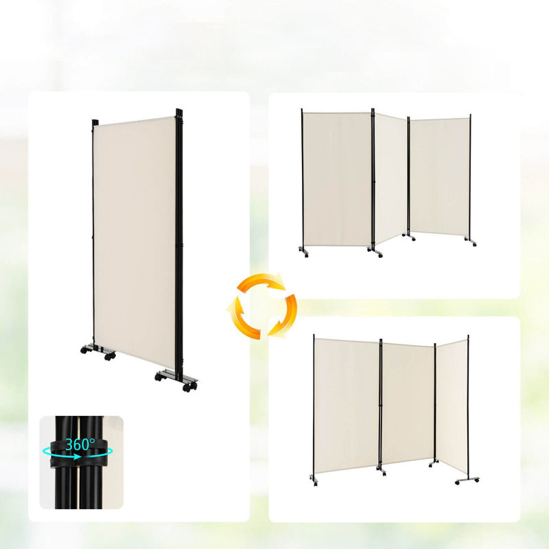 White 3-Panel Folding Room Divider with Lockable Wheels