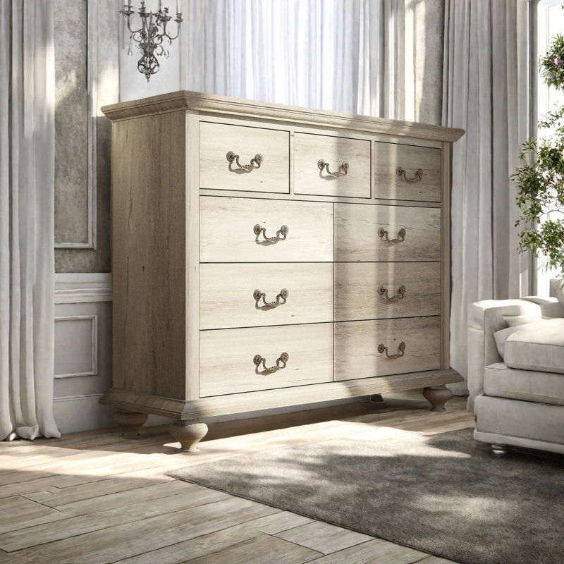 Commode 9 tiroirs pour la chambre à coucher, commode haute avec tiroirs larges et poignées en métal richement sculptées, Gris