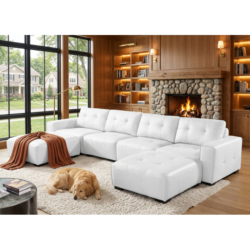 Oversized Modular Leather Sectional Sofa -  Upholstered Couch With 10" Wide Arms, Zipper Backrests, And Mobile Ottomans With Wheels