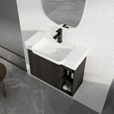 Meuble-lavabo mural multifonctionnel avec porte à fermeture en douceur et tablettes ouvertes