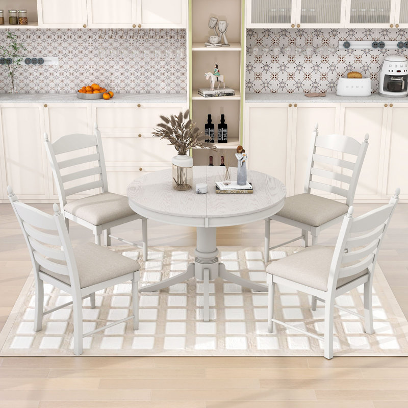 Danyelle 5Pcs Extendable Round Dining Set with Wood Table and 4 Upholstered Chairs, Antique White