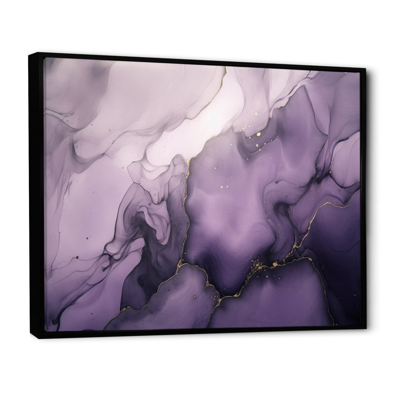 Mauve et gris, encre de marbre, nuages X, art mural fractales, Cadre flottant noir, H 34 po x l 44 po x P 1,5 po