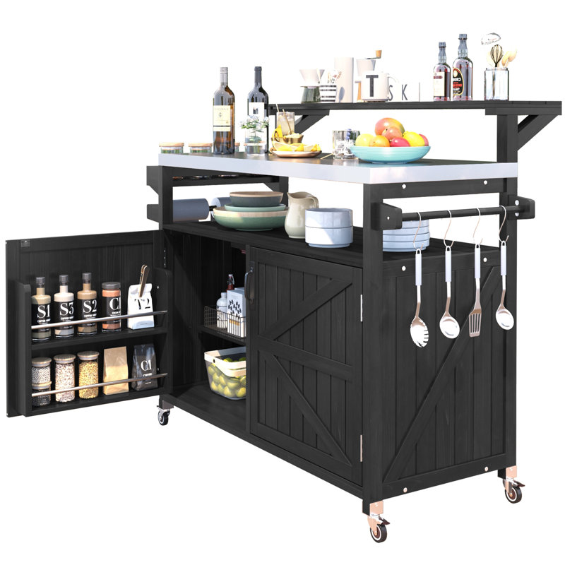 K&K 53.3" Outdoor Kitchen Island with Raised Shelf, Solid Wood Storage Cabinet with Stainless Steel Top, Outdoor Rolling Grill Cart with Internal Storage Rack, Adjustable Shelf, Spice Rack, Black