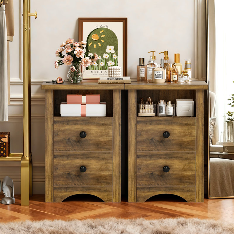 NightStand Set of 2 with 2 Drawers & Open Storage Shelf, Farmhouse End Table Bedside Table for Bedroom Living Room, Brown