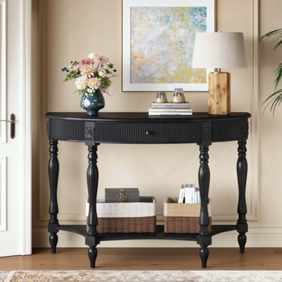 Console demi-lune en bois massif avec tiroir et tablette, table d'entrée incurvée à cannelures rétro pour vestibule de couloir, meubles d'appoint peu encombrants avec pieds romains sculptés