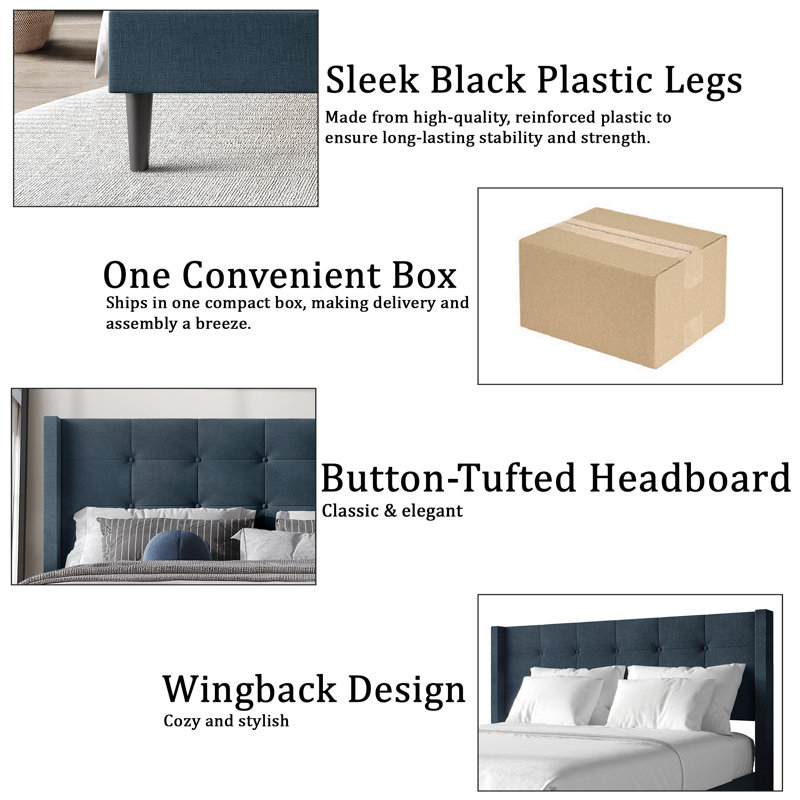 Glam Wingback Platform Bed, Light Blue, Full