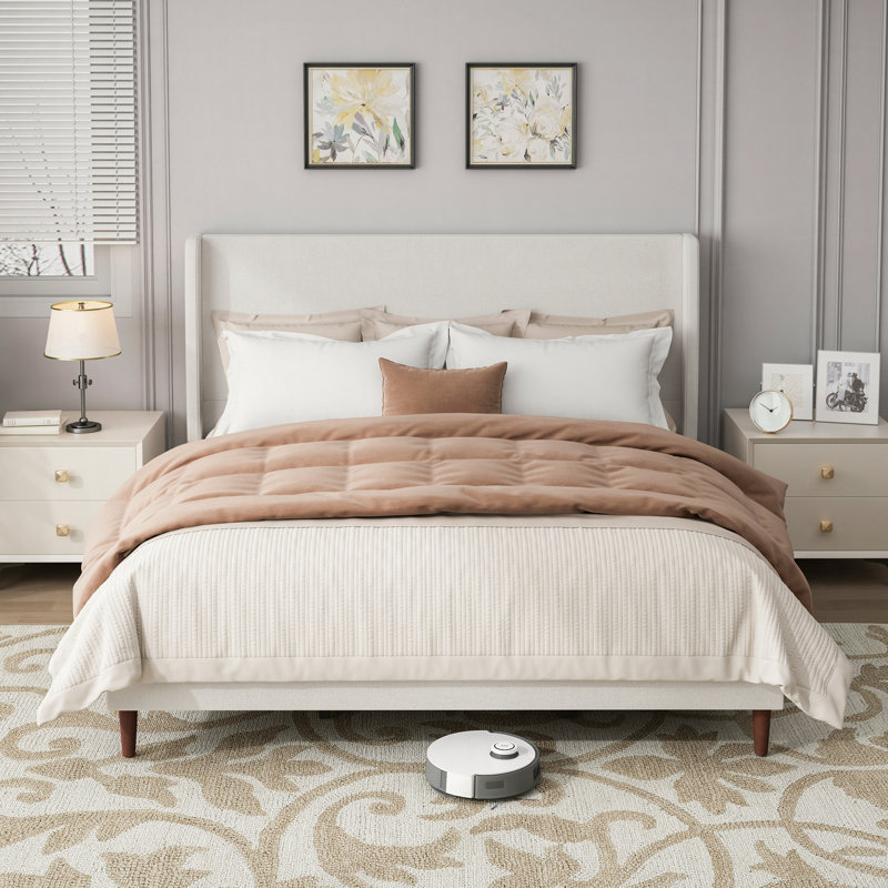 Base de lit tapissier moderne, lit moelleux élégant avec 12 lattes et dossier haut, Très grand lit, Crème - incorrect 1