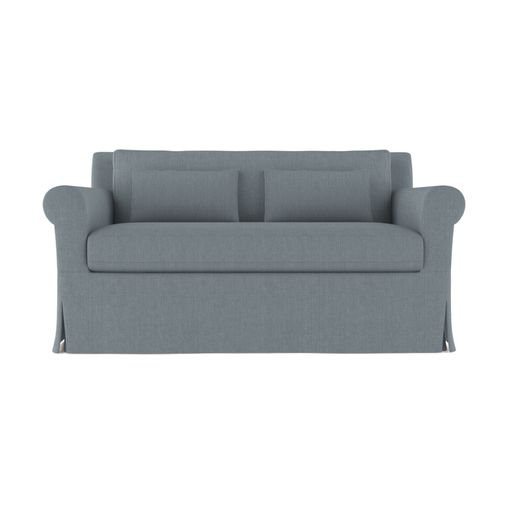 Ludlow Rolled-Arm Skirted Loveseat, 34" H x 60" W x 38" D, Box Weave Linen Blue Print, Weathered