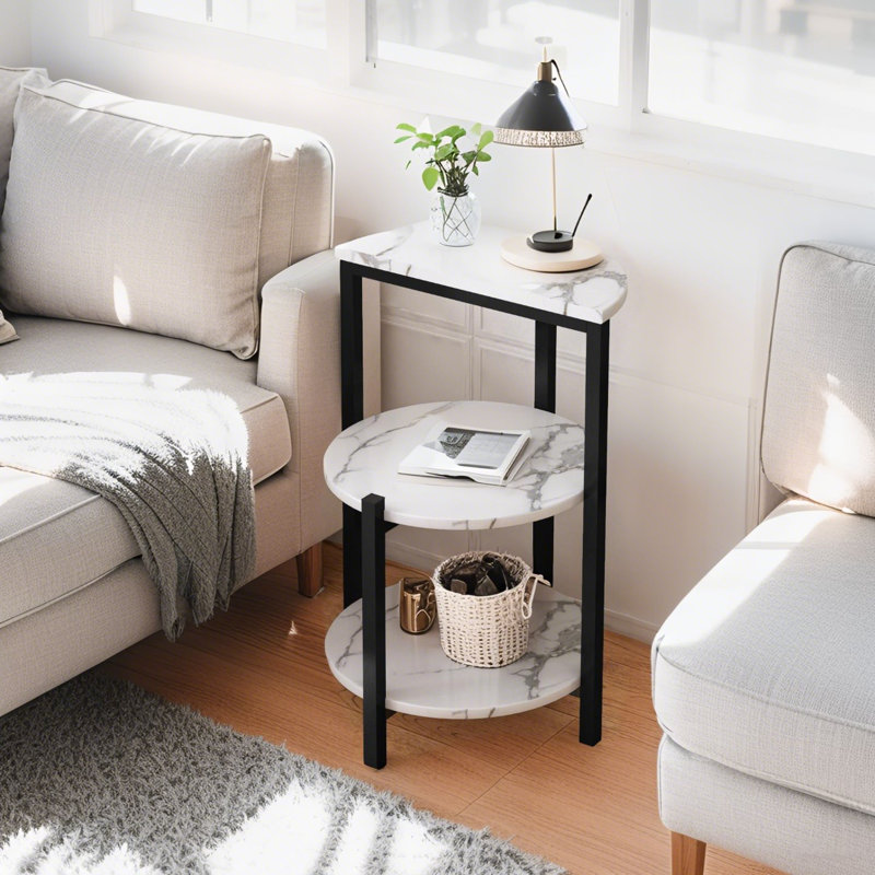 Living Room 3-tier Coffee Storage Shelves, Modern Coffee Side Table With Mdf Broad & Metal Frame, Industrial Faux Marble End Table For Bedroom, Living Room, Dining Room, White