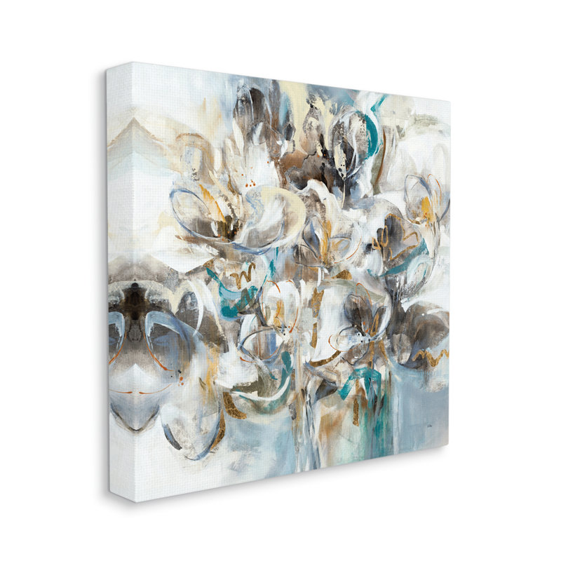 Bouquet d'abstraction florale de fleurs blanches par K. Nari - Peinture, H 36 po x l 36 po x P 1,5 po, Toile tendue