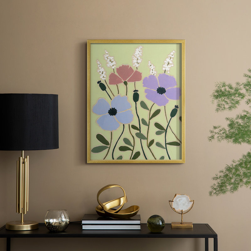 «Woodblock Floral III», reproduction encadrée - bois massif, H 11 po x l 9 po, Doré