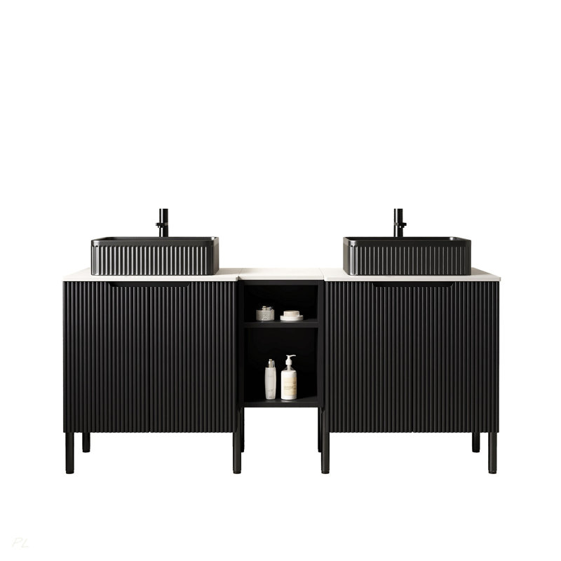 Meuble-lavabo double autoportant 60 po avec lavabo 60 po, 2 armoires de rangement rayées 24 po + tablette ouverte amovible 12 po, 2 vasques rectangulaires rayées noires avec comptoir blanc Carrara, noir