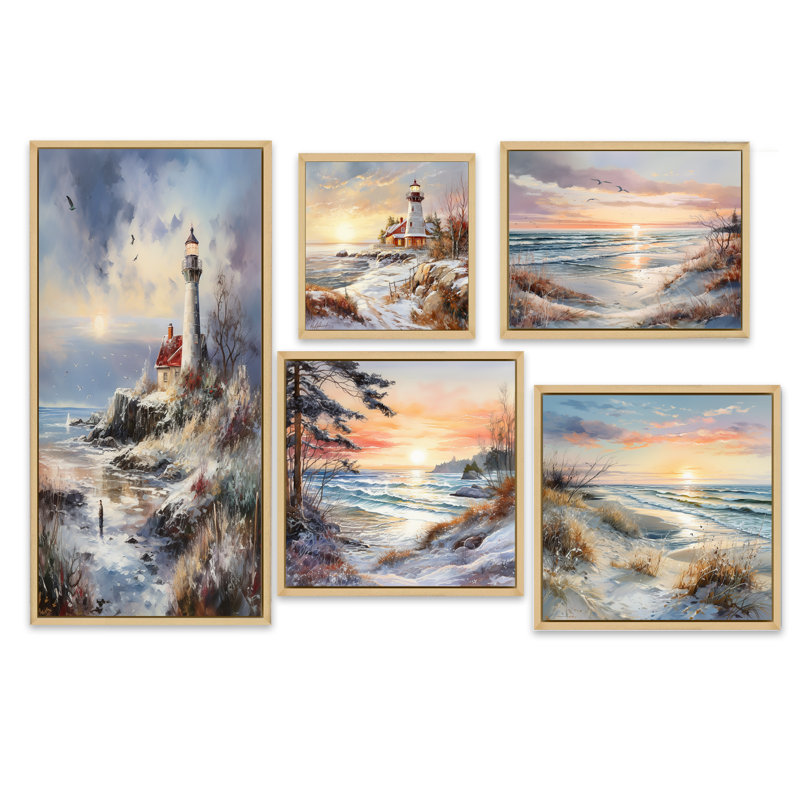 «Coastal Light House Charm In Winter I», ensemble de 5 reproductions d'art sur toile Coastal Light House, Cadre flottant brun
